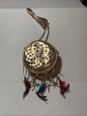 Olivia Miller Gold Round Dreamcatcher Crossbody Bag with Multicolor Feathers